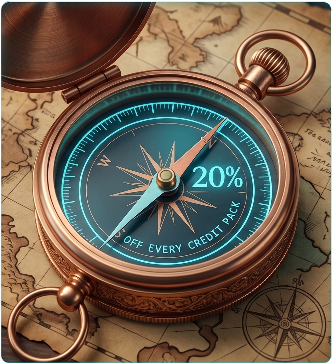 A compass reading 20% off every credit pack