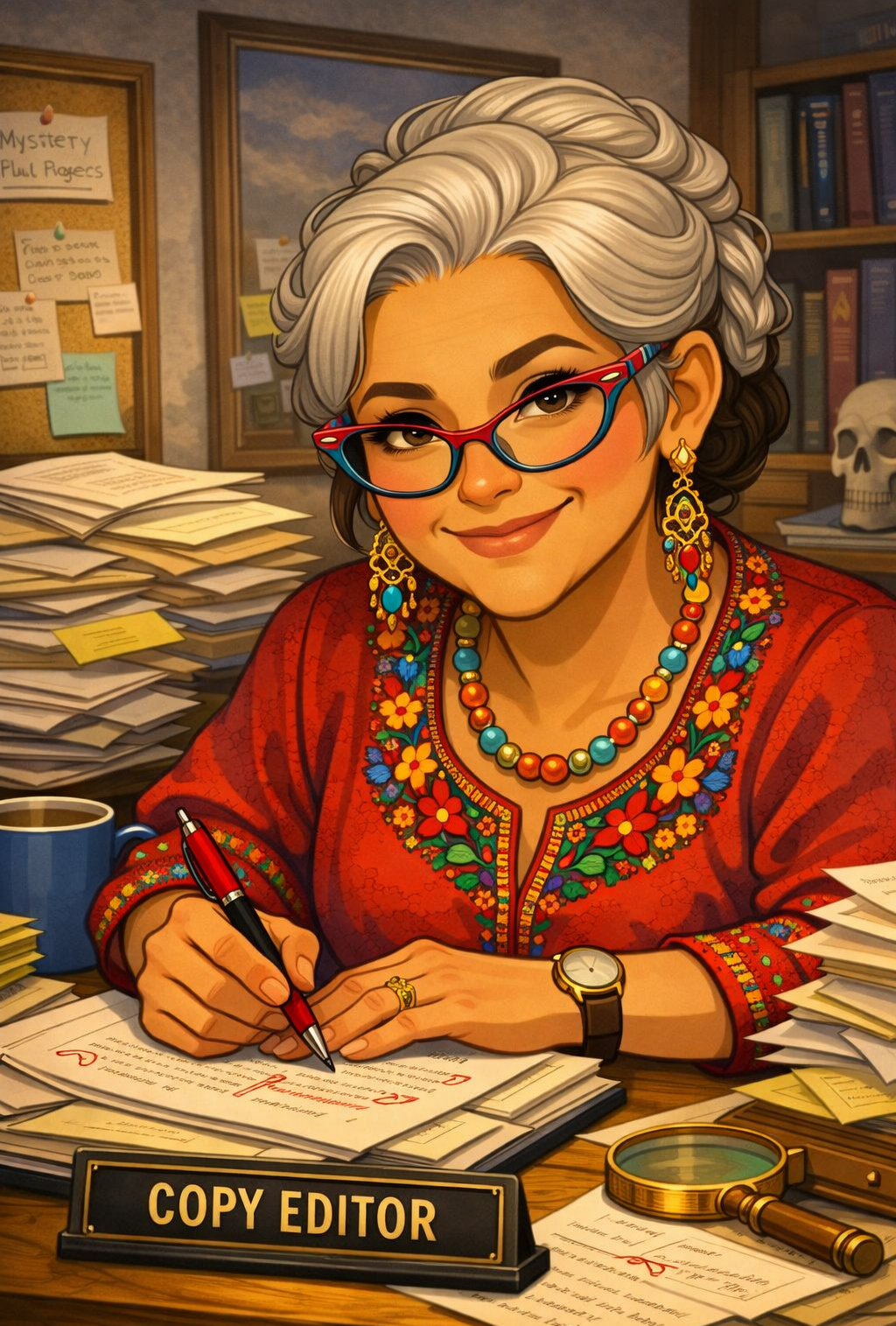 Bea, looking up from her desk