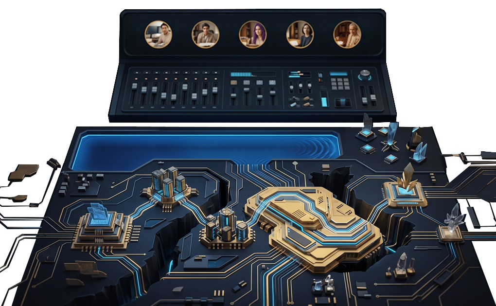The Draft Circuit board: Mun, Grey, Margo, Jules and Bea wired in sequence